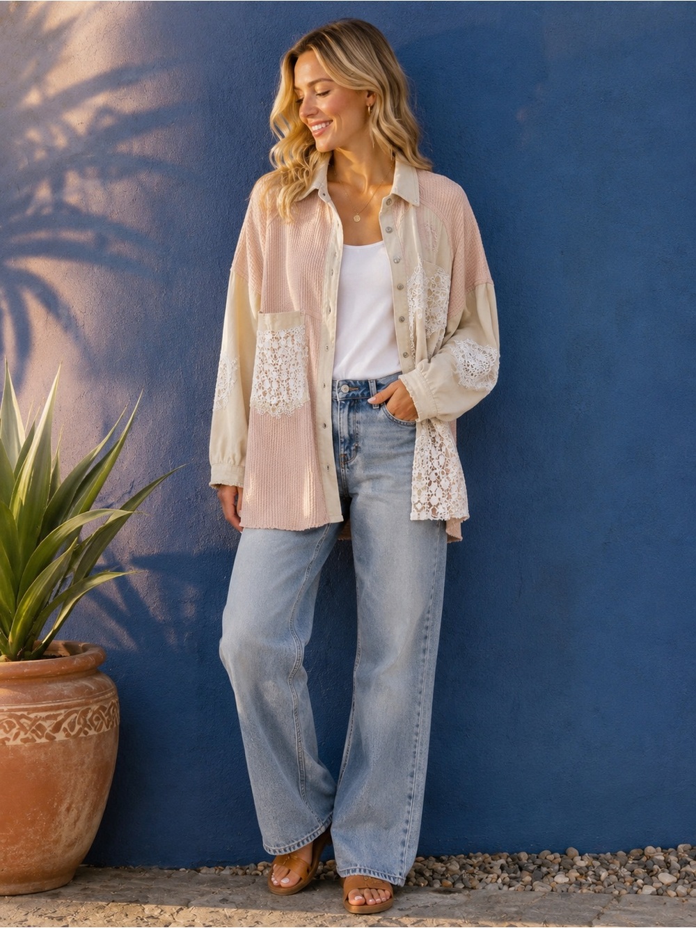 POL Blush Crochet Lace Patchwork Button Up | Shacket Oversized | Large - Picture 2 of 7